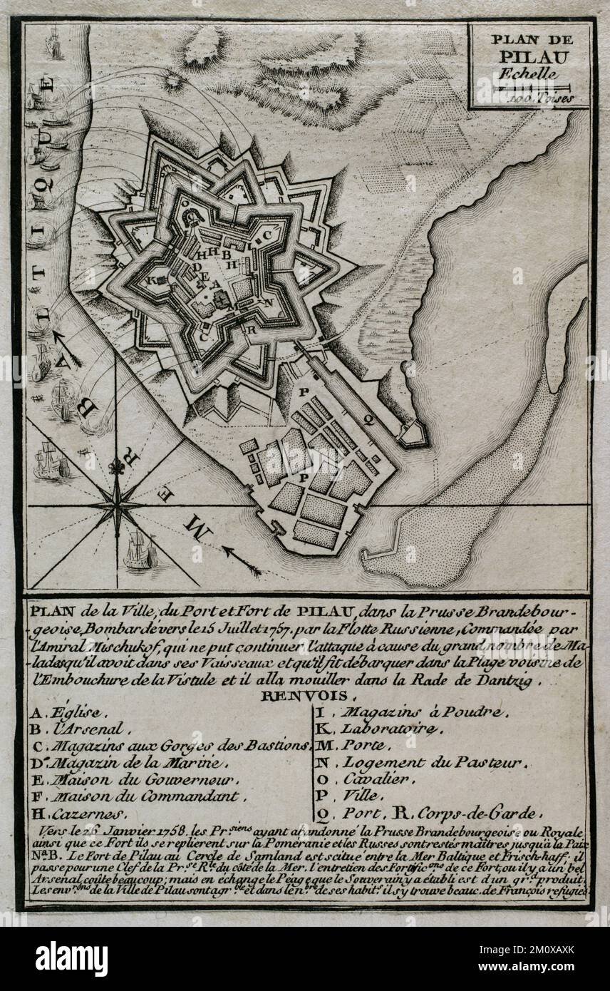 Guerre de sept ans (1756-1763). Carte de la forteresse de Pillau, sur la mer Baltique. L'armée russe bombardait la forteresse en 1757 et 1758, et l'ardent a été forcée de cesser ses attaques en raison d'une incidence excessive de maladies. Malgré cela, les Prussiens abandonnèrent la forteresse au début de 1758 et restèrent entre les mains russes pendant la durée de la guerre. Publié en 1765 par le cartographe Jean de Beaurain (1696-1771) comme illustration de sa Grande carte d'Allemagne, avec les événements qui ont eu lieu pendant la guerre de sept ans. Gravure. Édition française, 1765. Bibliothèque historique militaire de Ba Banque D'Images