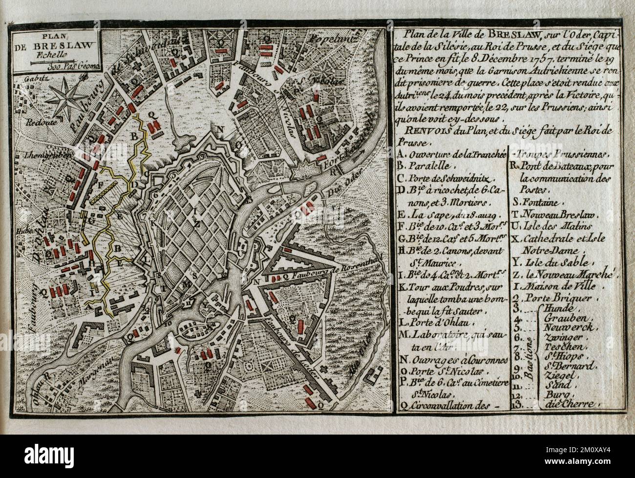 Guerre de sept ans (1756-1763). Carte de Breslau, 1757. La ville fut assiégée par l'armée prussienne de Frédéric le Grand entre le 7 et le 19 décembre 1757, qui engagea avec succès une force autrichienne et française combinée sous le commandement de Soloman Sprecher von Bernegg. Le 20 décembre, la garnison autrichienne de Breslau se rendit prisonniers de guerre. Le 21 décembre, les Autrichiens quittèrent Breslau par la porte Schweidnitz, en posant leurs bras devant Frédéric II de Prusse. Carte de Breslau et le siège auquel elle a été soumise. Publié en 1765 par le cartographe Jean de Beaurain (1696-1771) en tant que an Banque D'Images