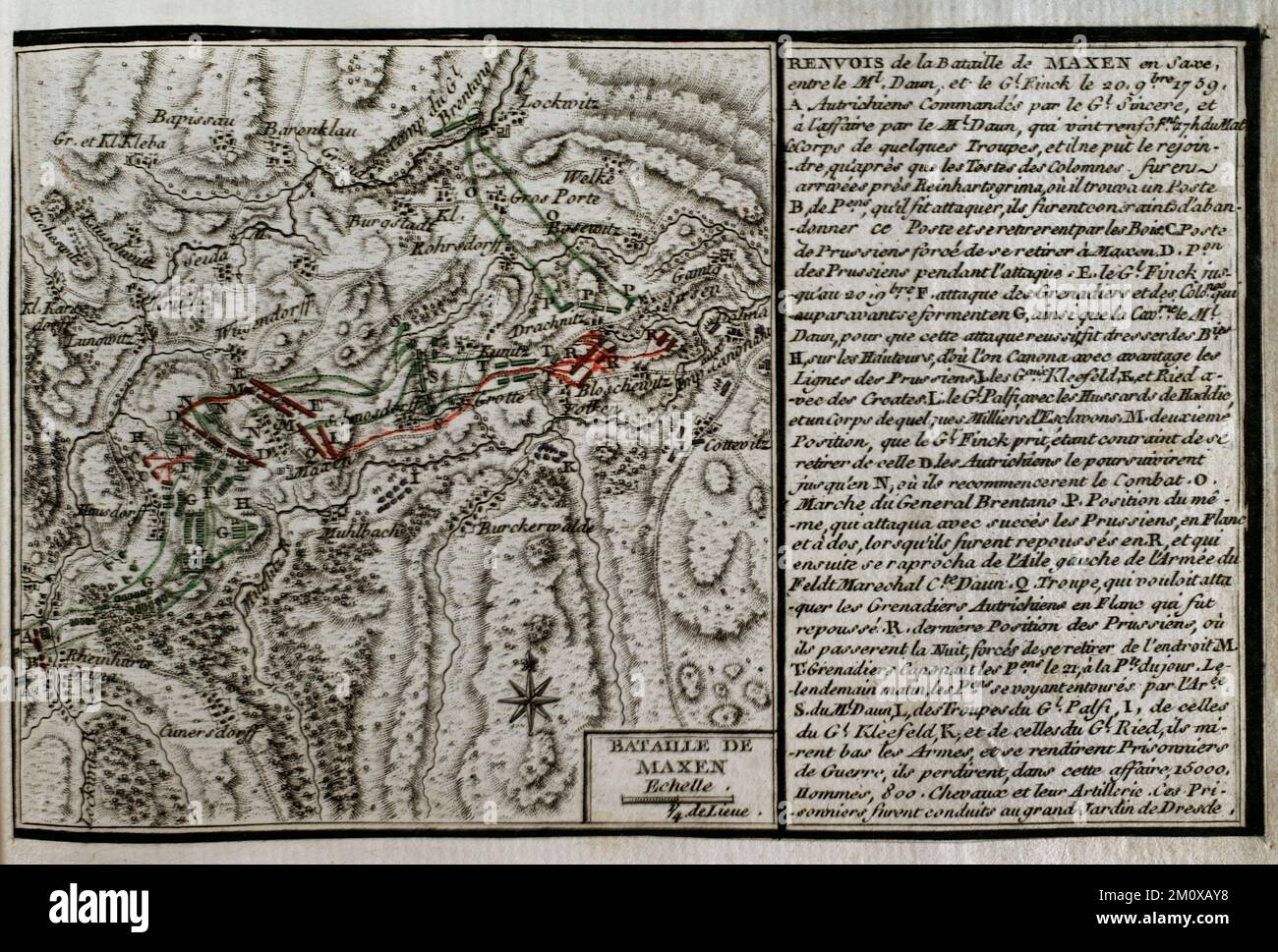 Guerre de sept ans (1756-1763). Troisième guerre de Silésie. Bataille de Maxen (20 novembre et 21, 1759). Saxe. Les troupes prussiennes du général Friedrich August von Fink ont été déplacées pour attaquer les lignes de communication entre l'armée autrichienne du maréchal Daun à Dresde et en Bohême. Le 20 novembre 1759, Daun réussit à vaincre les Prussiens de Finck. Le lendemain, Finck se rendit. Publié en 1765 par le cartographe Jean de Beaurain (1696-1771) comme illustration de sa Grande carte de l'Allemagne, avec les événements qui ont eu lieu pendant la guerre de sept ans. Gravure et gravure. Édition française, 1765. Hist. Militaire Banque D'Images