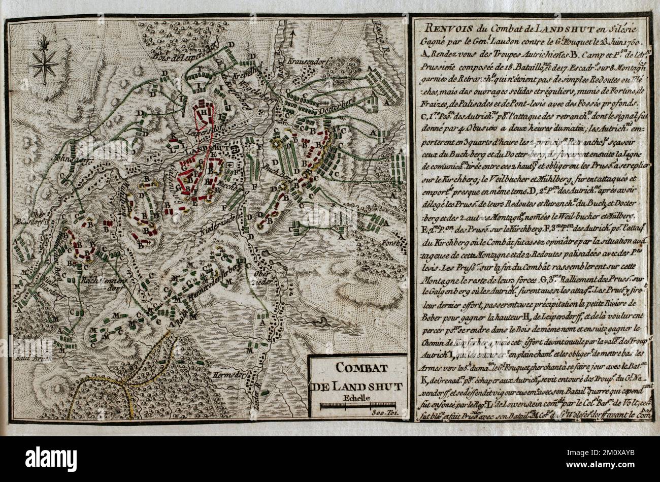 Guerre de sept ans (1756-1763). Troisième guerre de Silésie. Carte de la bataille de Landeshut (23 juin 1760). Une armée prussienne dirigée par le général Heinrich August de la Motte Fouque a été défaite par une armée autrichienne commandée par le général von Loudon. Publié en 1765 par le cartographe Jean de Beaurain (1696-1771) comme illustration de sa Grande carte d'Allemagne, avec les événements qui ont eu lieu pendant la guerre de sept ans. Édition française, 1765. Bibliothèque historique militaire de Barcelone (Biblioteca Histórico Militar de Barcelone). Catalogne. Espagne. Banque D'Images