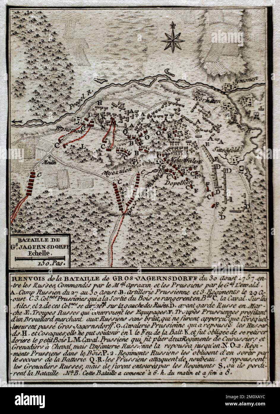 Guerre de sept ans (1756-1763). Carte de la bataille de Gross-Jägersdorf (30 août 1757). Prusse de l'est. L'armée russe, sous le commandement du maréchal Stepan Fyodorovich Apraksin, défait une force prussienne plus petite dirigée par le maréchal Hans von Lehwaldt. C'était la première bataille à laquelle la Russie a participé pendant le conflit. Publié en 1765 par le cartographe Jean de Beaurain (1696-1771) comme illustration de sa Grande carte d'Allemagne, avec les événements qui ont eu lieu pendant la guerre de sept ans. Gravure et gravure. Bibliothèque historique militaire de Barcelone (Biblioteca Histórico Militar de B Banque D'Images