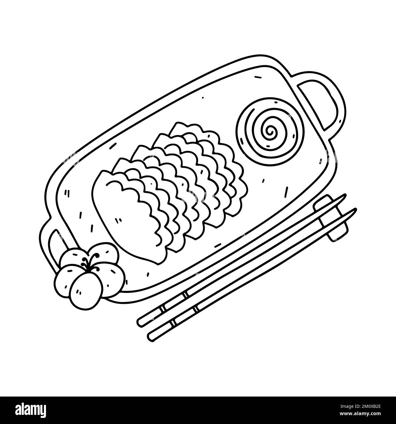 Gyoza et Chopsticks vecteur en forme de doodle dessiné à la main. Illustration du vecteur alimentaire chinois. Illustration de Vecteur