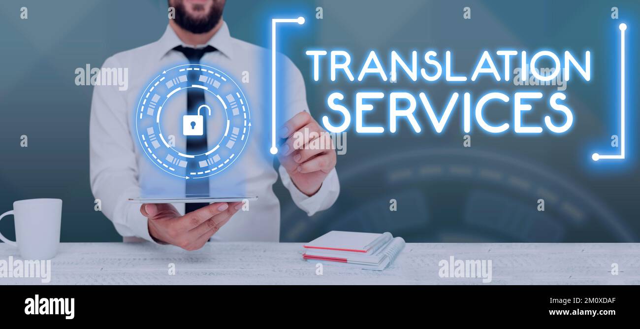 Légende de texte présentant les services de traduction. Approche commerciale de l'organisation qui fournit des personnes pour traduire la parole Banque D'Images