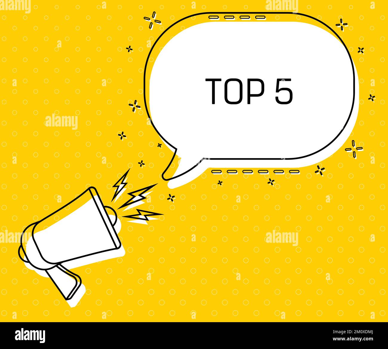 Haut 5. Mégaphone et bulle de voix jaune colorée avec citation. Gestion de blog, blogging et écriture pour le site Web. Affiche conceptuelle pour les réseaux sociaux Illustration de Vecteur