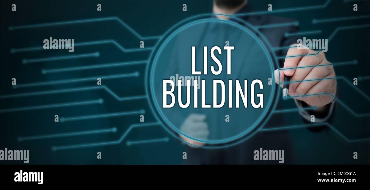 Affiche manuscrite pour le bâtiment de la liste. Mot pour la base de données des personnes que vous pouvez contacter avec votre message marketing Banque D'Images