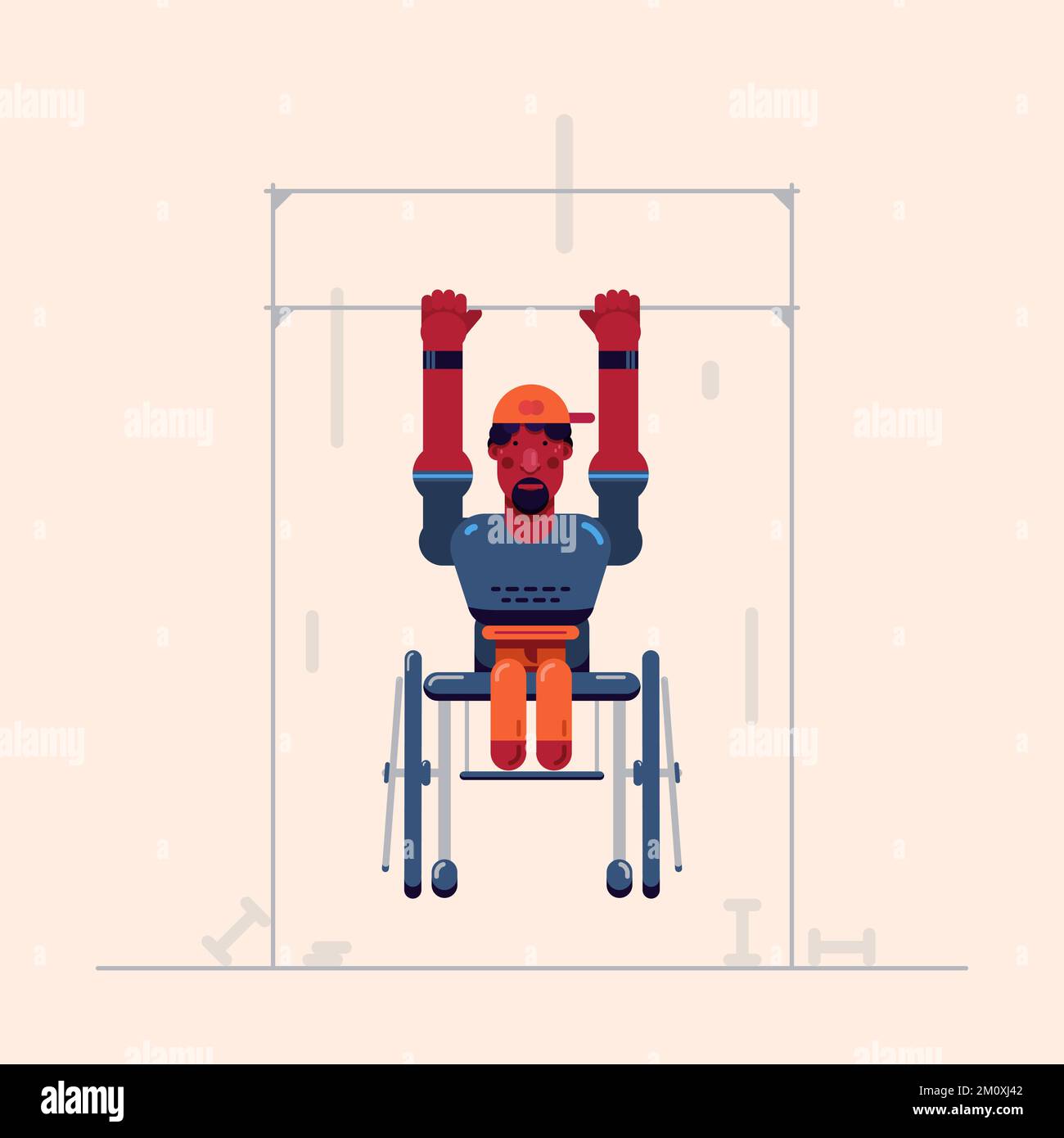 Illustration vectorielle avec un jeune homme de peau sombre en fauteuil roulant avec des jambes amputées tire vers le haut dans la salle de gym. Illustration de Vecteur