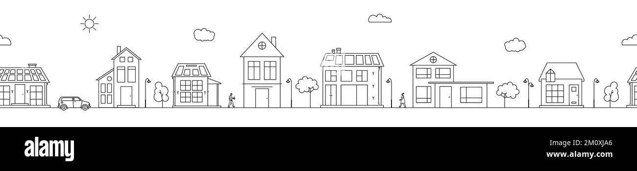 Bannière Web transparente avec illustration vectorielle Neighborhood. Paysage urbain avec bâtiments résidentiels monochromes et panneaux solaires sur les toits Illustration de Vecteur