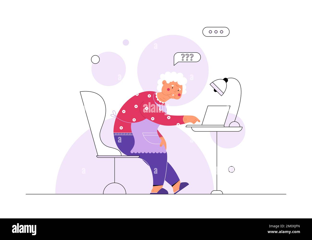 Bonne grand-mère essayez d'utiliser un ordinateur portable pour la première fois. Illustration vectorielle plate avec une vieille femme à l'intérieur. Illustration de Vecteur