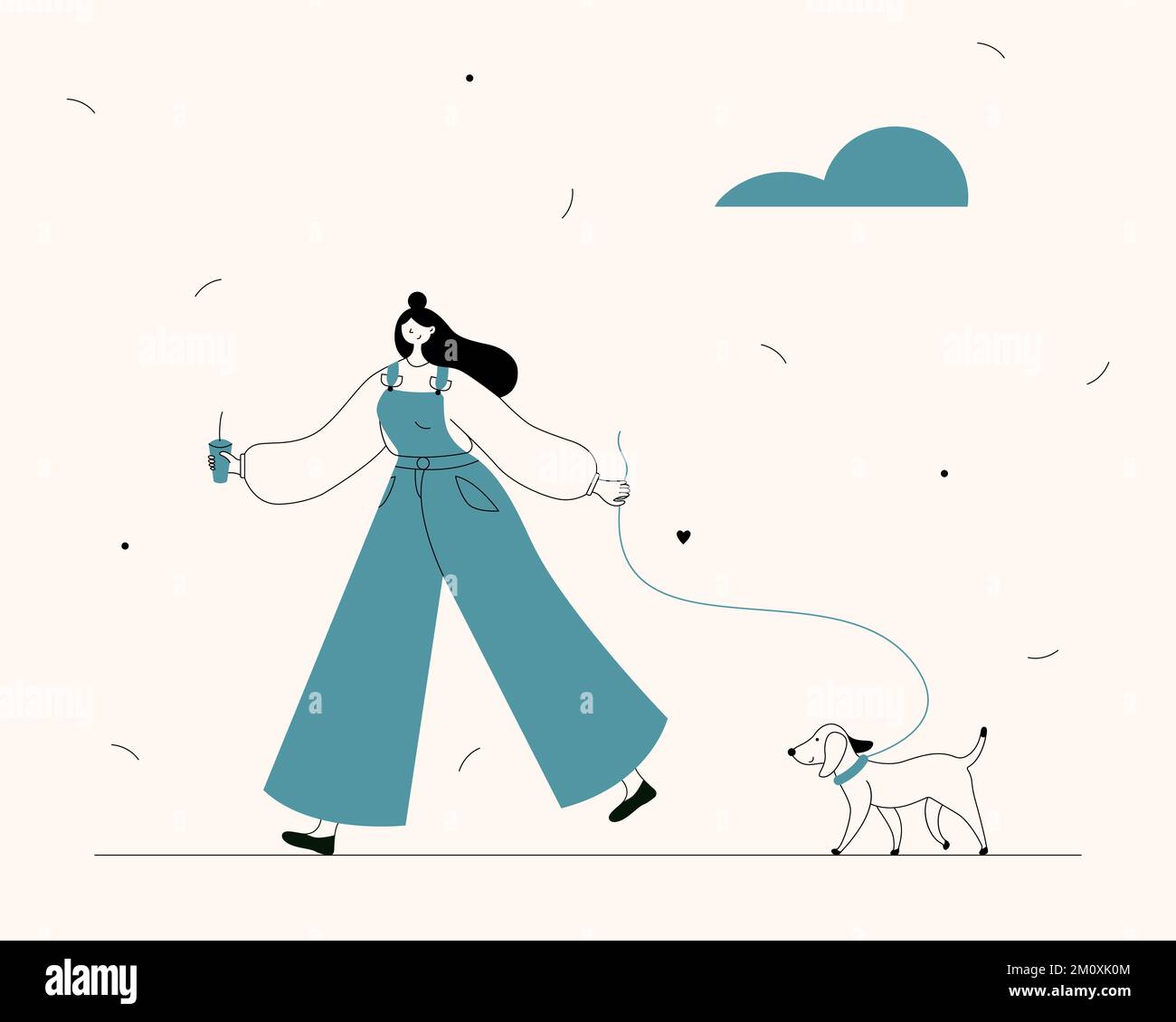 Jeune femme marchant avec un chien à l'extérieur. Illustration de Vecteur