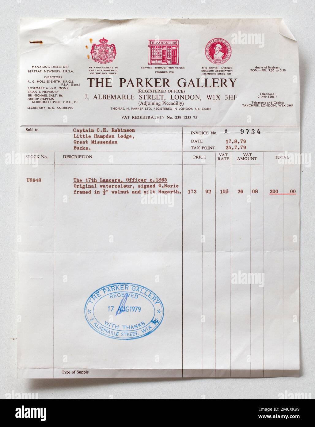 1970s Art Gallery Sales Receipt for a Watercolor Painting from the Parker Gallery Albemarle Street London Banque D'Images