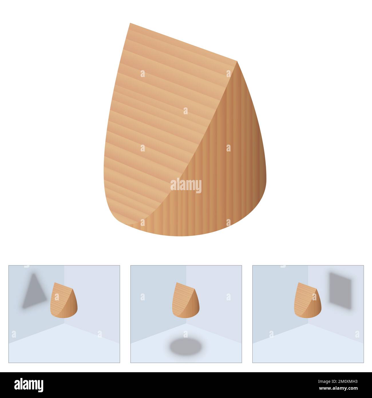 Différentes ombres d'un même objet - ombre ronde, triangulaire et carrée d'un objet en forme de coin. Symbole pour différentes perspectives, points de vue. Banque D'Images