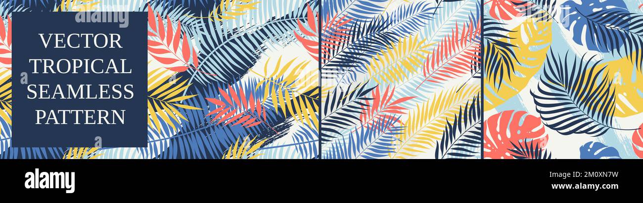 Motifs sans couture avec feuilles de palmier exotiques tropicales et plantes de monstère, composition vectorielle tendance de collage contemporain, ensemble 6 Illustration de Vecteur