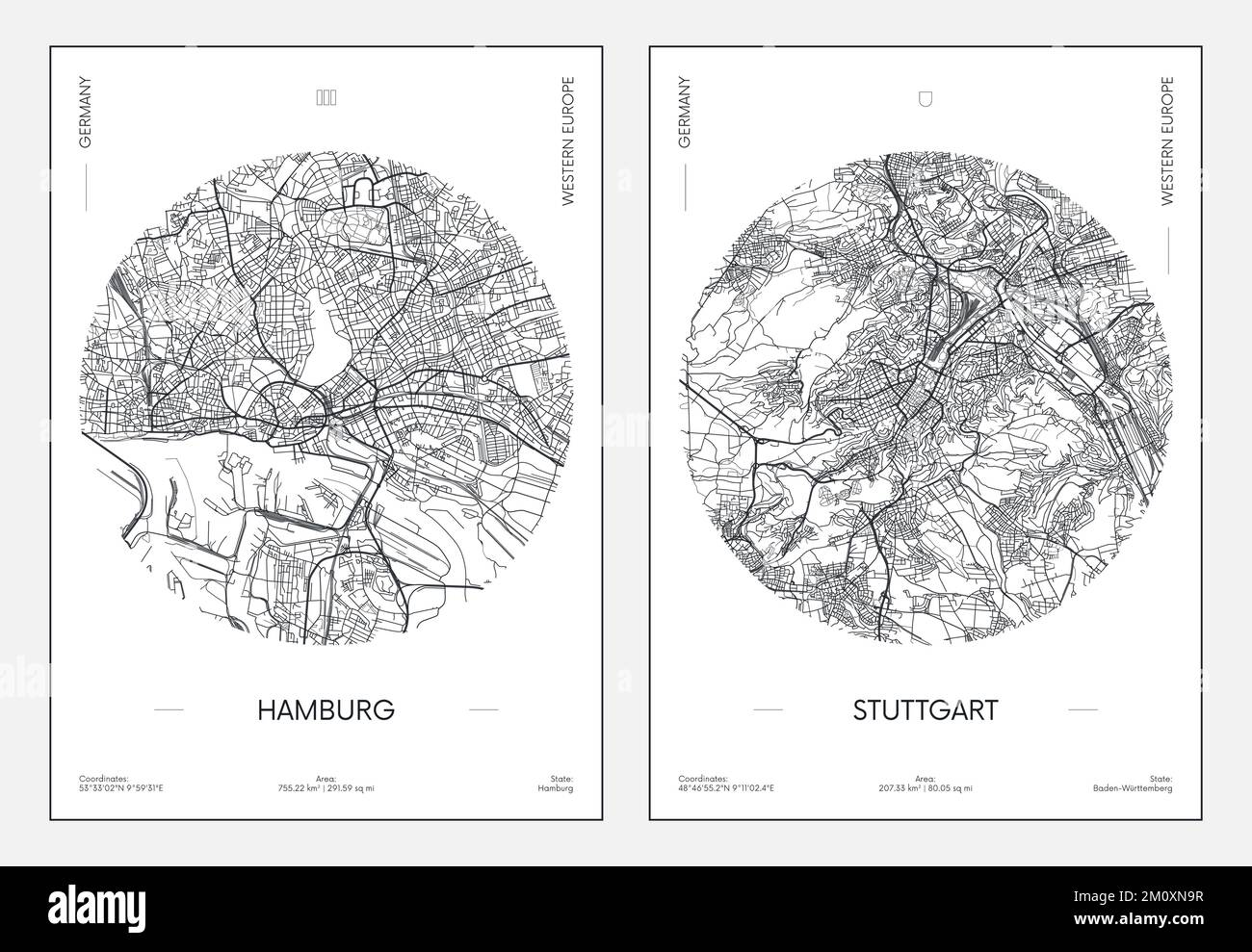 Poster de voyage, plan urbain plan de la ville Hambourg et Stuttgart, illustration vectorielle Illustration de Vecteur
