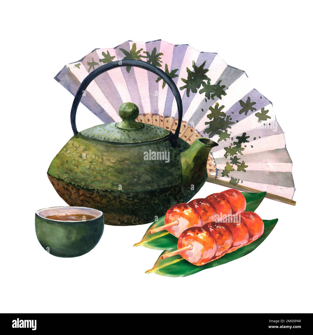 Set de thé asiatique aquarelle avec théière vert de dack, tasse de thé vert, dongo sur les feuilles de nory et fan du Japon, isoler sur fond blanc. Composition du thé Banque D'Images