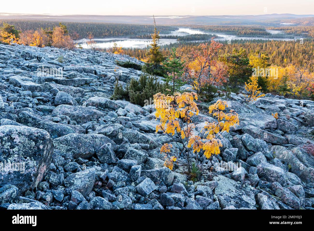 Vue depuis un pic rocheux de l'ISO Pyhätunturi le matin de l'automne dans le parc national de Salla, dans le nord de la Finlande Banque D'Images