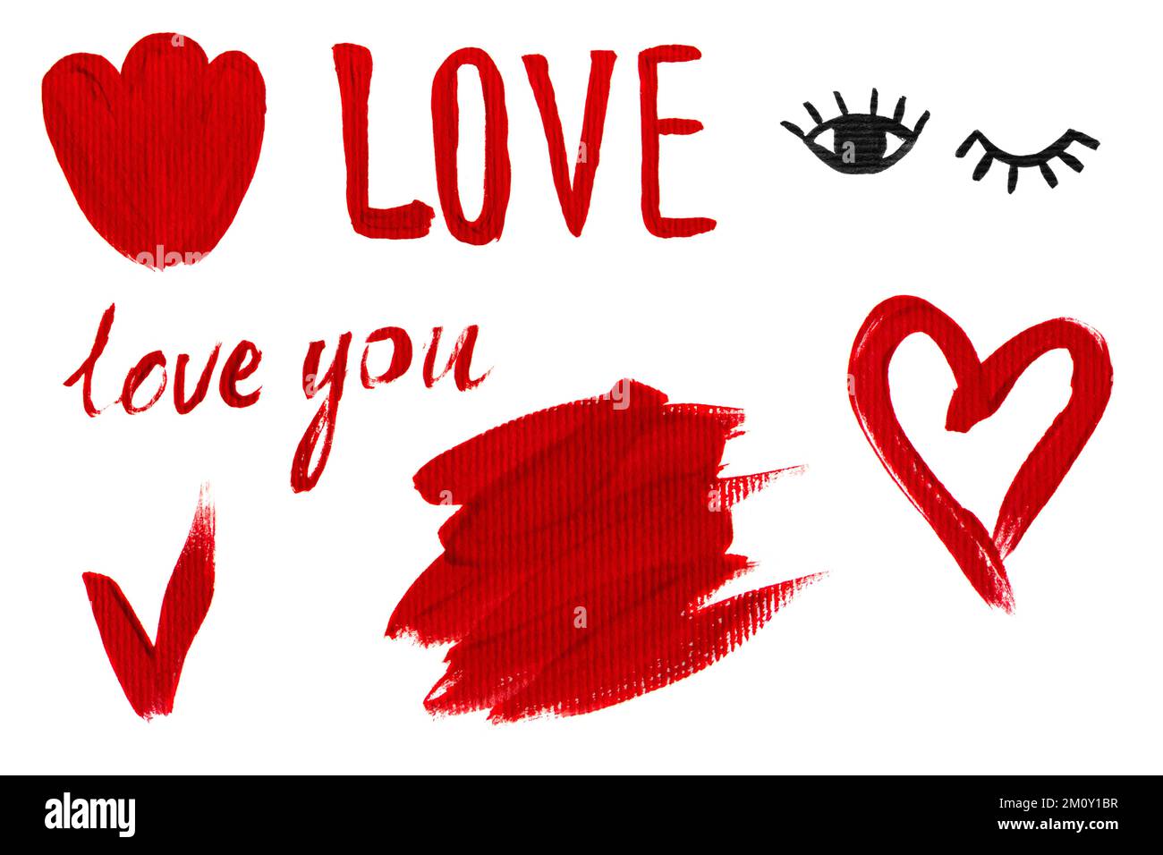 Éléments peints en acrylique dessinés à la main pour le design. Inscription rouge Amour, amour, fleur, coche, coeur et yeux noirs, isolés sur blanc. Joli toundra Banque D'Images