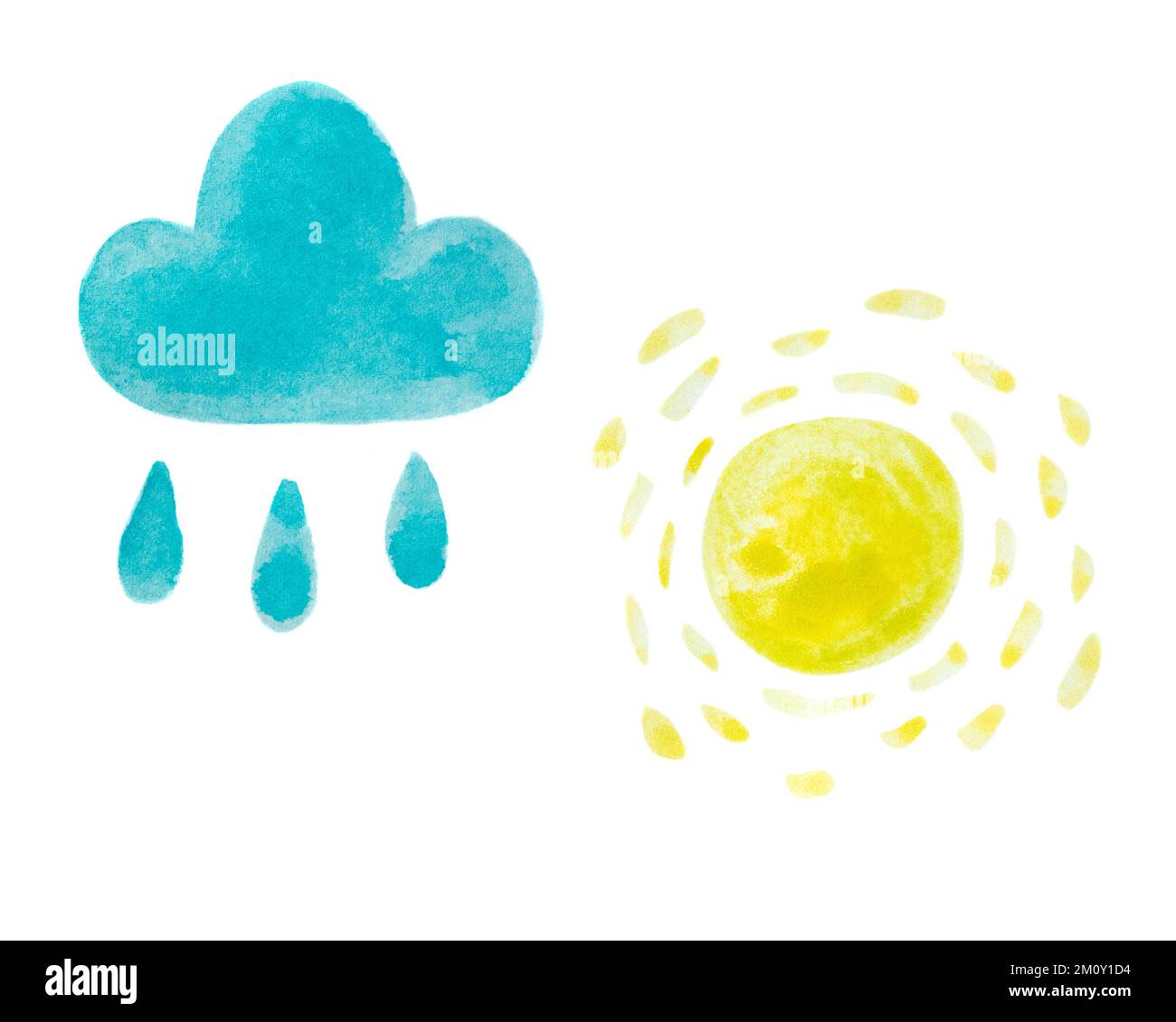 Aquarelle dessinée à la main, soleil jaune et nuages bleus. Isolé sur blanc. Éléments pour enfants textile, papier d'emballage, design de surface d'intempéries, arrière-plan. Banque D'Images