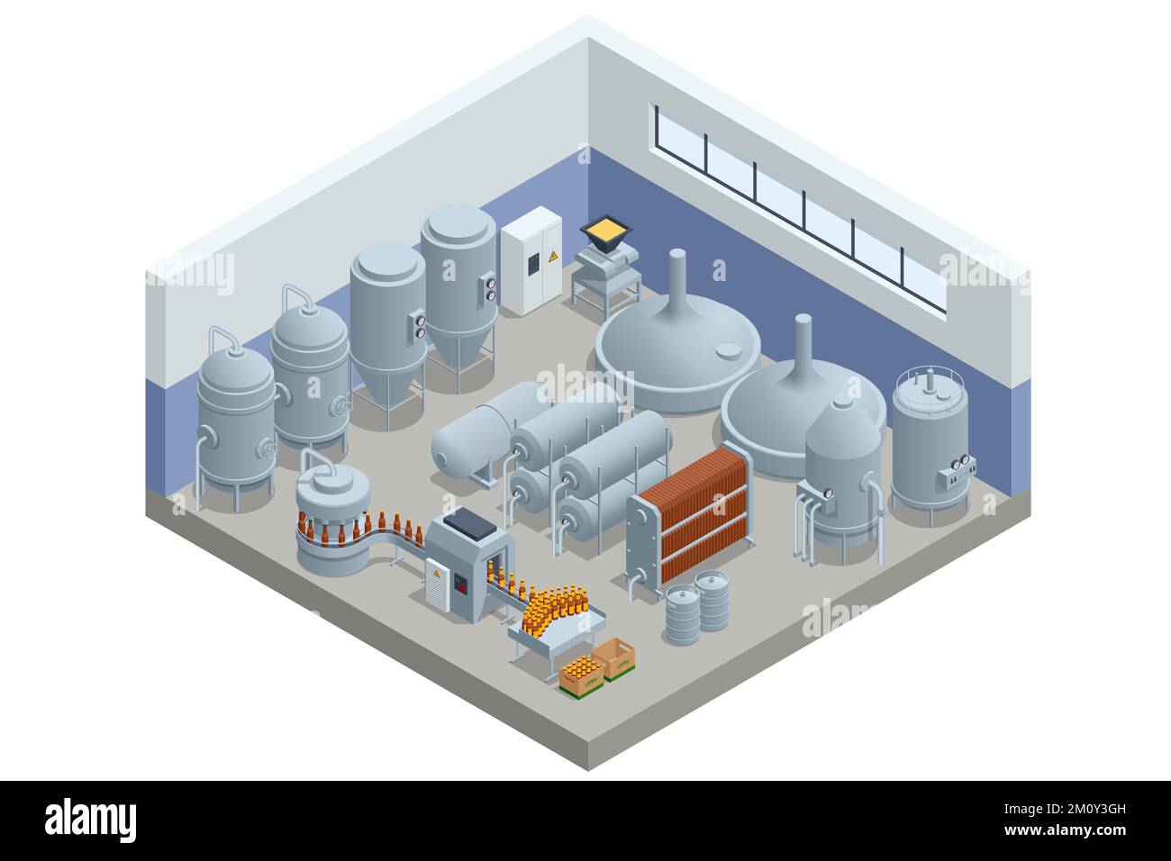 Isométrique Brewing, équipement de brasserie artisanale dans la brasserie privat. Usine de bière moderne. Réservoirs en acier pour la fermentation et la maturation de la bière. Illustration de Vecteur