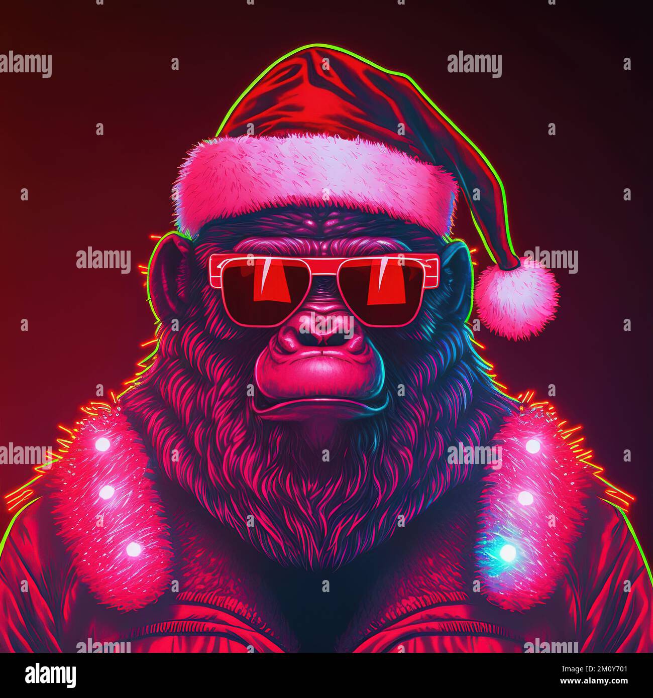 Gorilla Santa Claus en lunettes de soleil, vue de face. Affiche lumineuse de  la boîte de nuit de Noël. Style pop art dans des couleurs fluo tendance. Ai  génératif. Pas basé sur