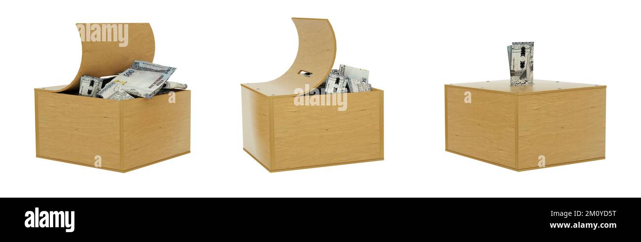 le riyal saoudien note à l'intérieur d'une boîte d'épargne en bois ouverte. ensemble de concept d'épargne. Générique Piggy Bank, Penny Bank, Money Box. rendu 3d. Banque D'Images