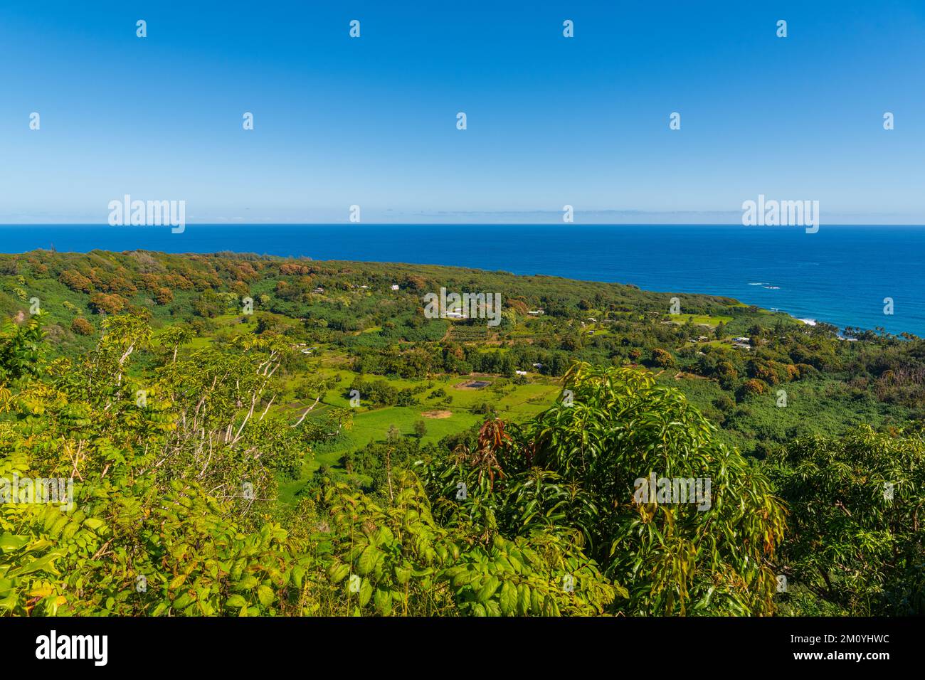 Vue panoramique sur la péninsule de Keanae et le village depuis la route jusqu'à Hana à Maui Banque D'Images