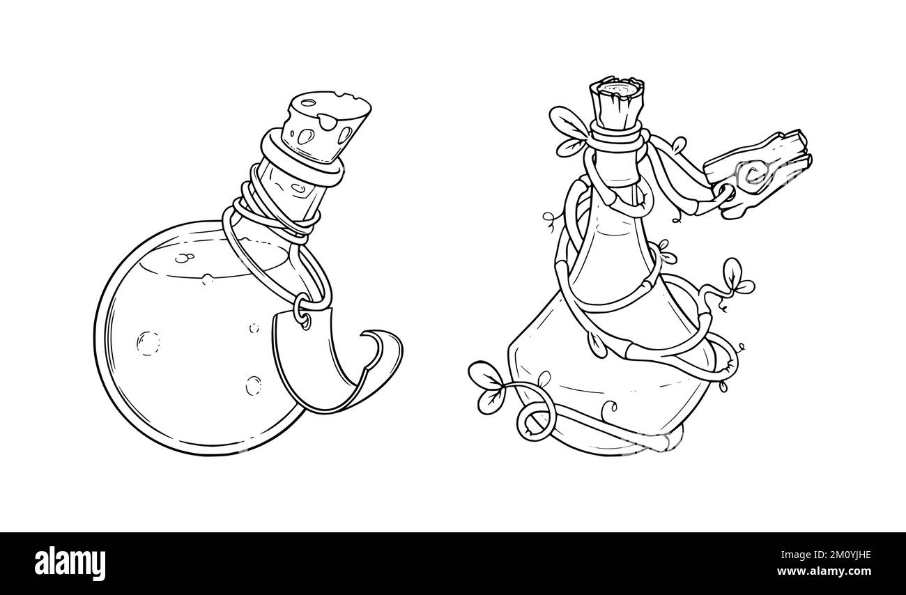 Flacons apothécaire fermés avec poison et potion. Bouteille en verre et flacon avec une étiquette pour les jeux. Illustration vectorielle isolée sur fond blanc Illustration de Vecteur