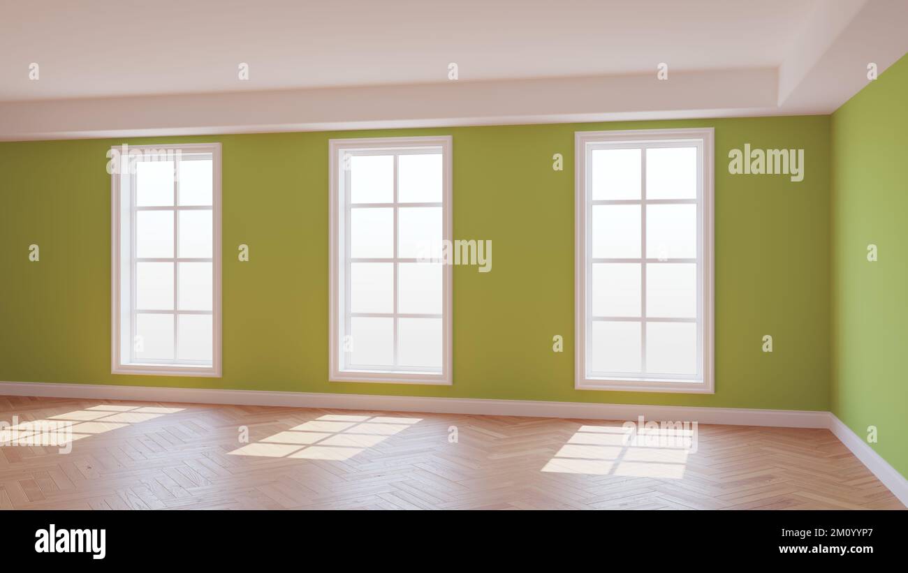 Intérieur ensoleillé de la salle Kaki avec trois grandes fenêtres, parquet brillant clair à chevrons et un Plinth blanc. Magnifique concept de la chambre vide. 3D illustration, Ultra HD 8K, 7680x4320 Banque D'Images
