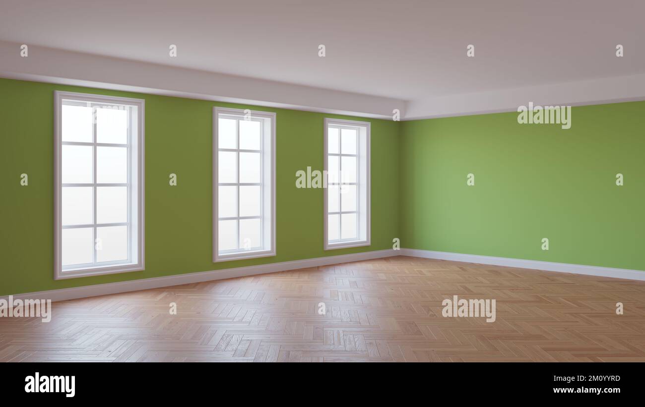 Magnifique intérieur vide avec des murs verts, trois grandes fenêtres, parquet brillant à chevrons et un Plinth blanc. Concept de la chambre non meublée. 3D illustration, 8K Ultra HD, 7680 x 4320 Banque D'Images