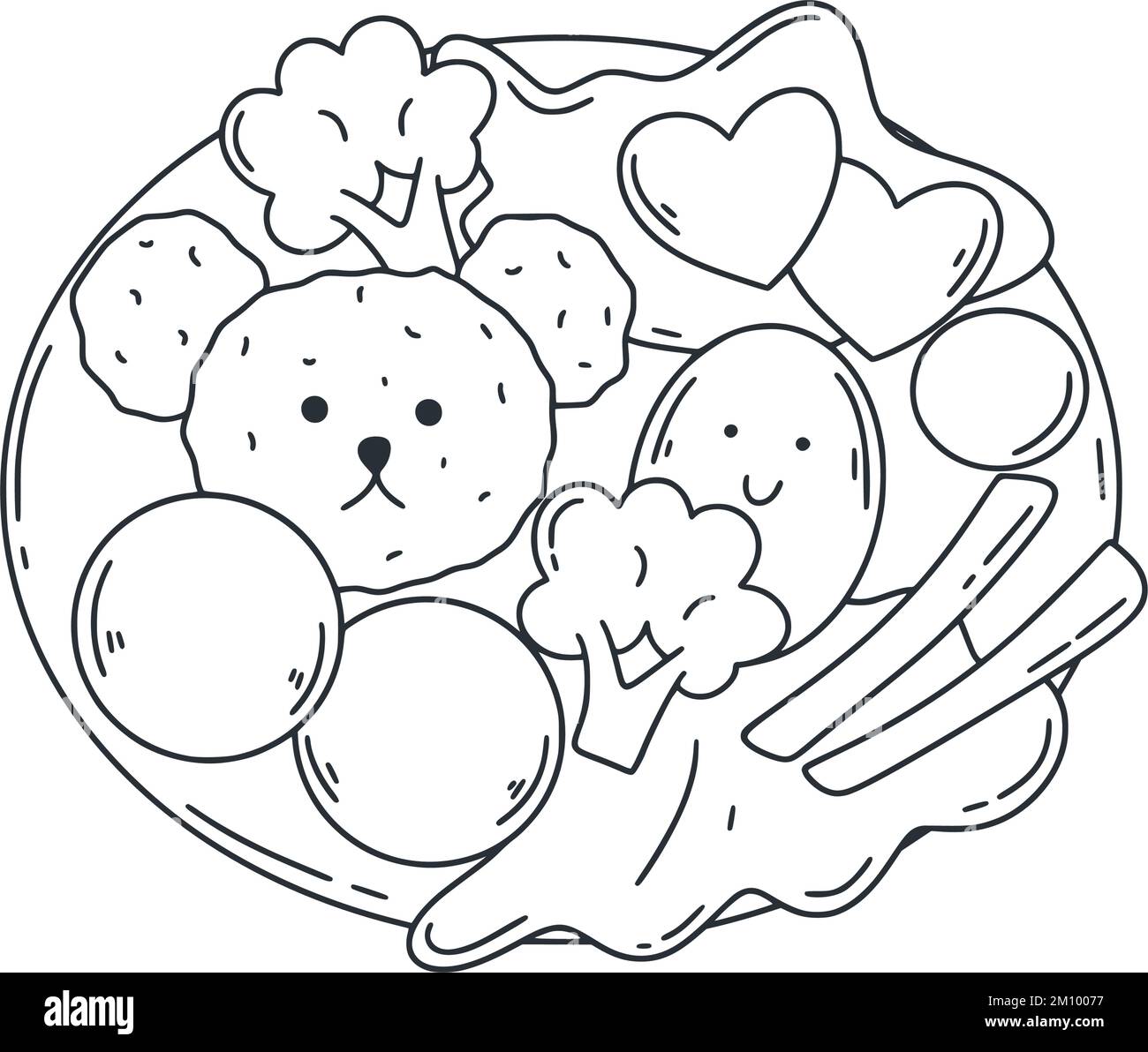 Illustration du style de l'ensemble alimentaire Bento pour enfants. Un simple dessin d'encre pour les enfants sert le déjeuner. Vecteur alimentaire asiatique isolé. Riz à la viande, aux œufs et aux légumes Illustration de Vecteur