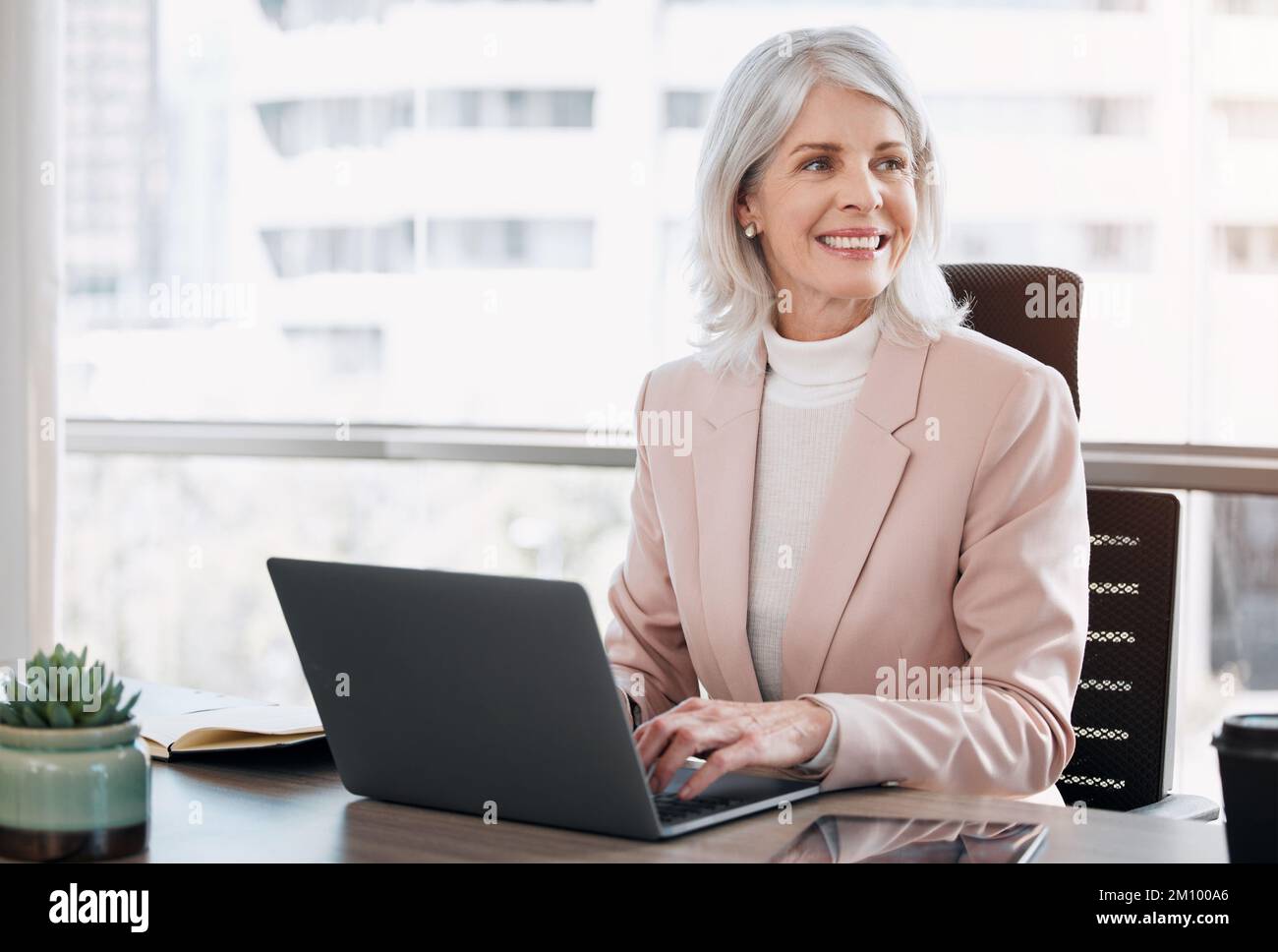 Où serions-nous sans technologie. une femme d'affaires mûre assise seule au bureau et utilisant son ordinateur portable. Banque D'Images