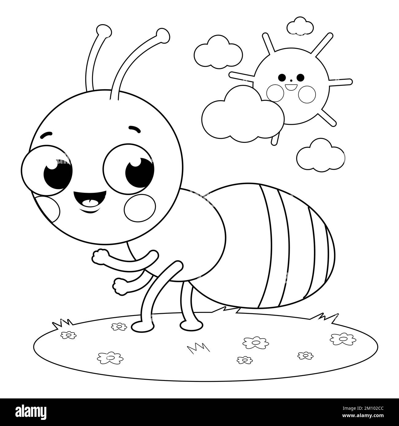 Joli dessin animé dans l'herbe. Page de couleur noir et blanc Banque D'Images