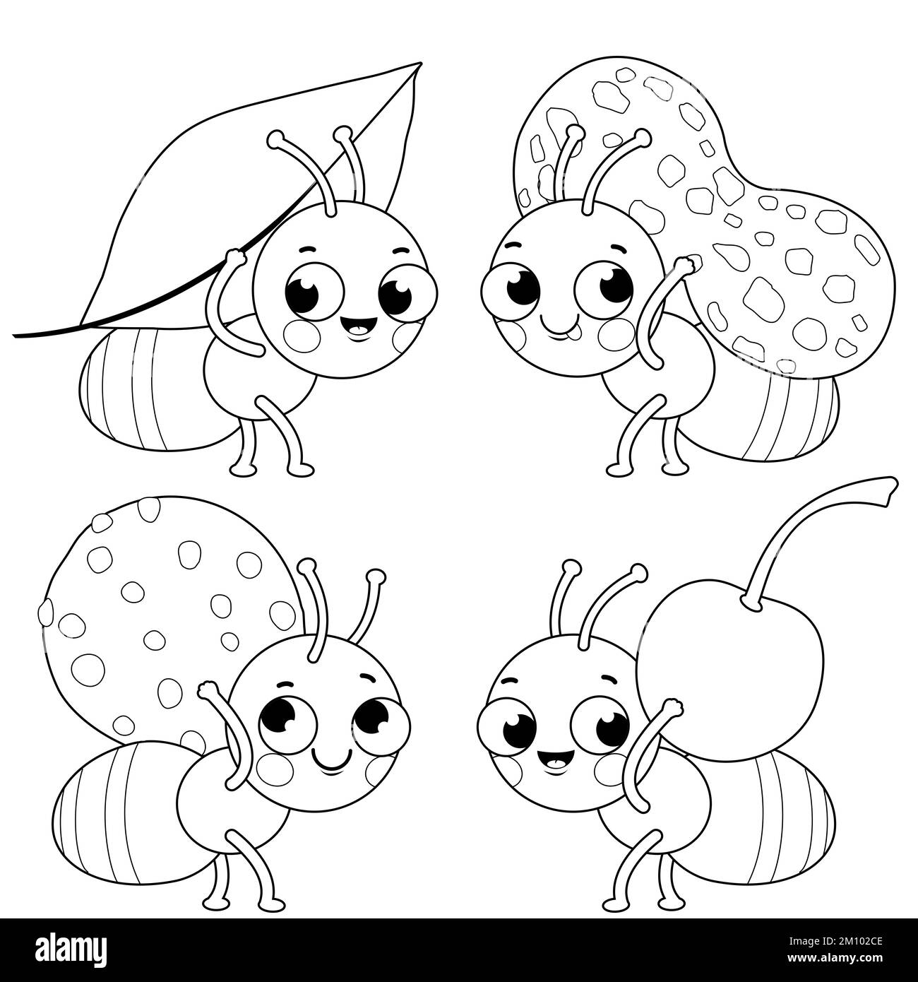 Mignons fourmis transportant des aliments. Page de couleur noir et blanc Banque D'Images