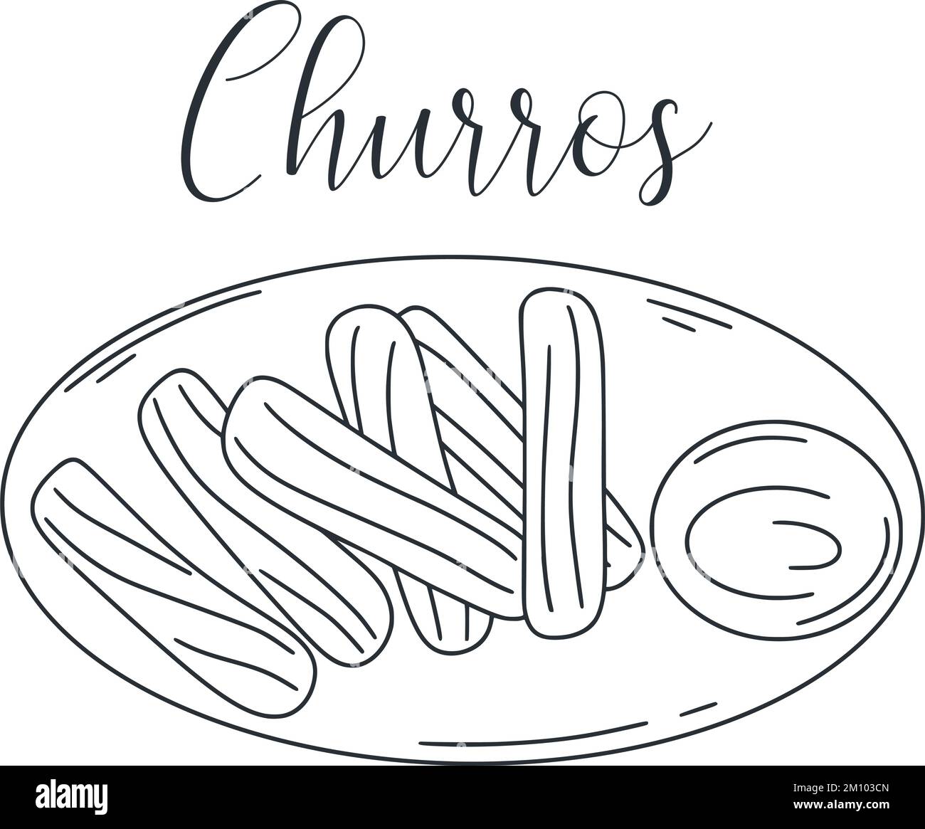 Illustration d'un dessert sucré Churros. Bâtonnets de farine mexicaine au chocolat. Vecteur alimentaire latino-américain. image de contour d'encre simple de delicious Illustration de Vecteur