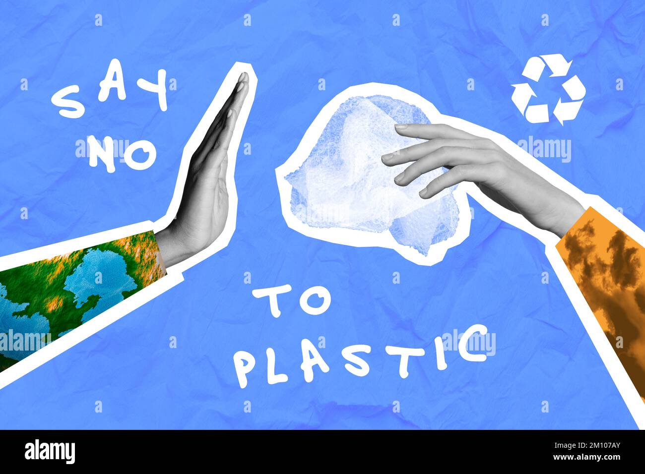 Collage 3D image de pinup pop rétro croquis des mains demandant dire non aux sacs en plastique peinture isolée arrière-plan Banque D'Images