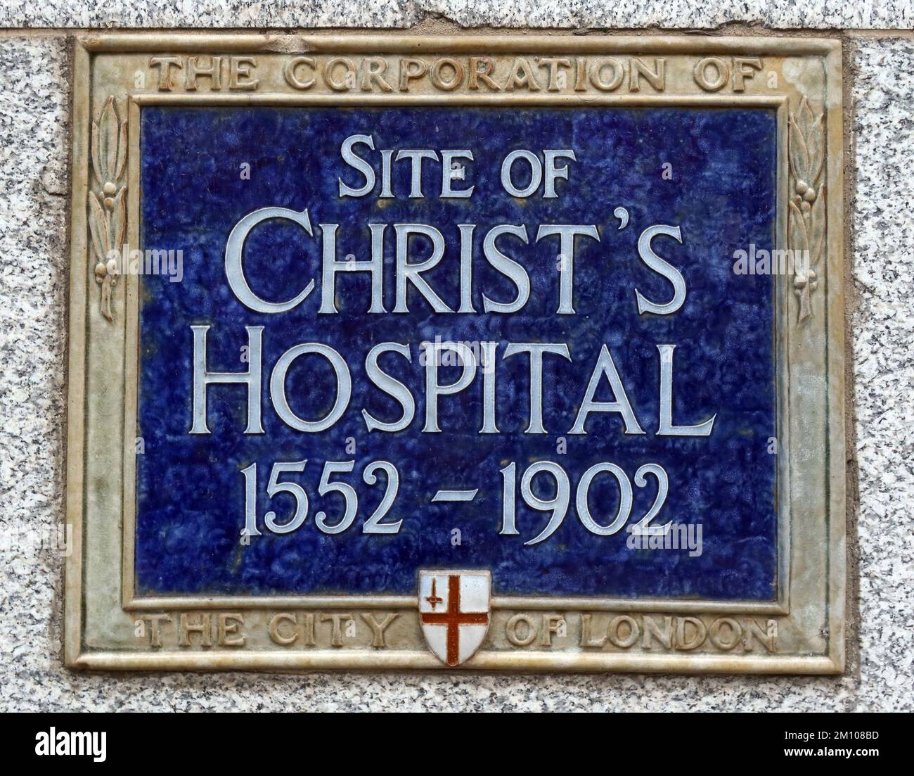 Site de l'hôpital Christs 1552-1902, plaque de la ville de Londres, Christchurch, Newgate Street, Londres, Angleterre, ROYAUME-UNI, EC1A 7AJ Banque D'Images