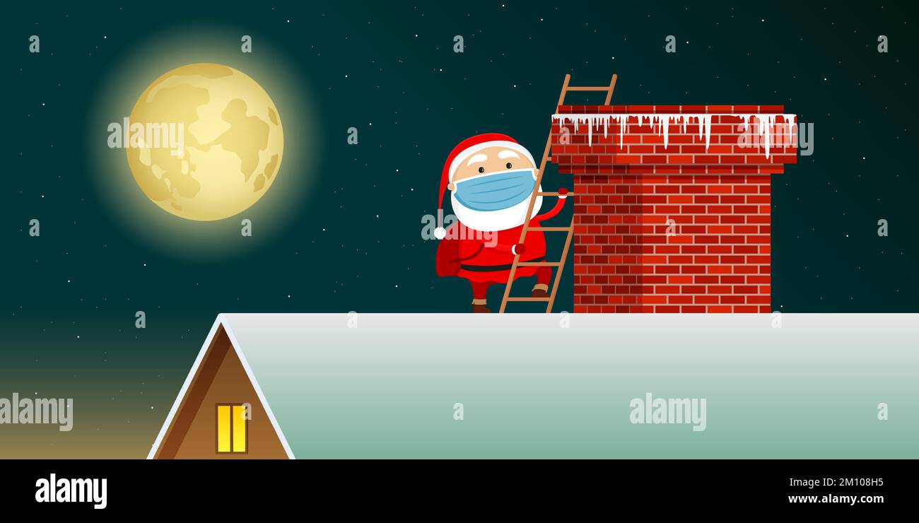 Santa dans le masque de visage grimpant cheminée. Illustration vectorielle. Illustration de Vecteur