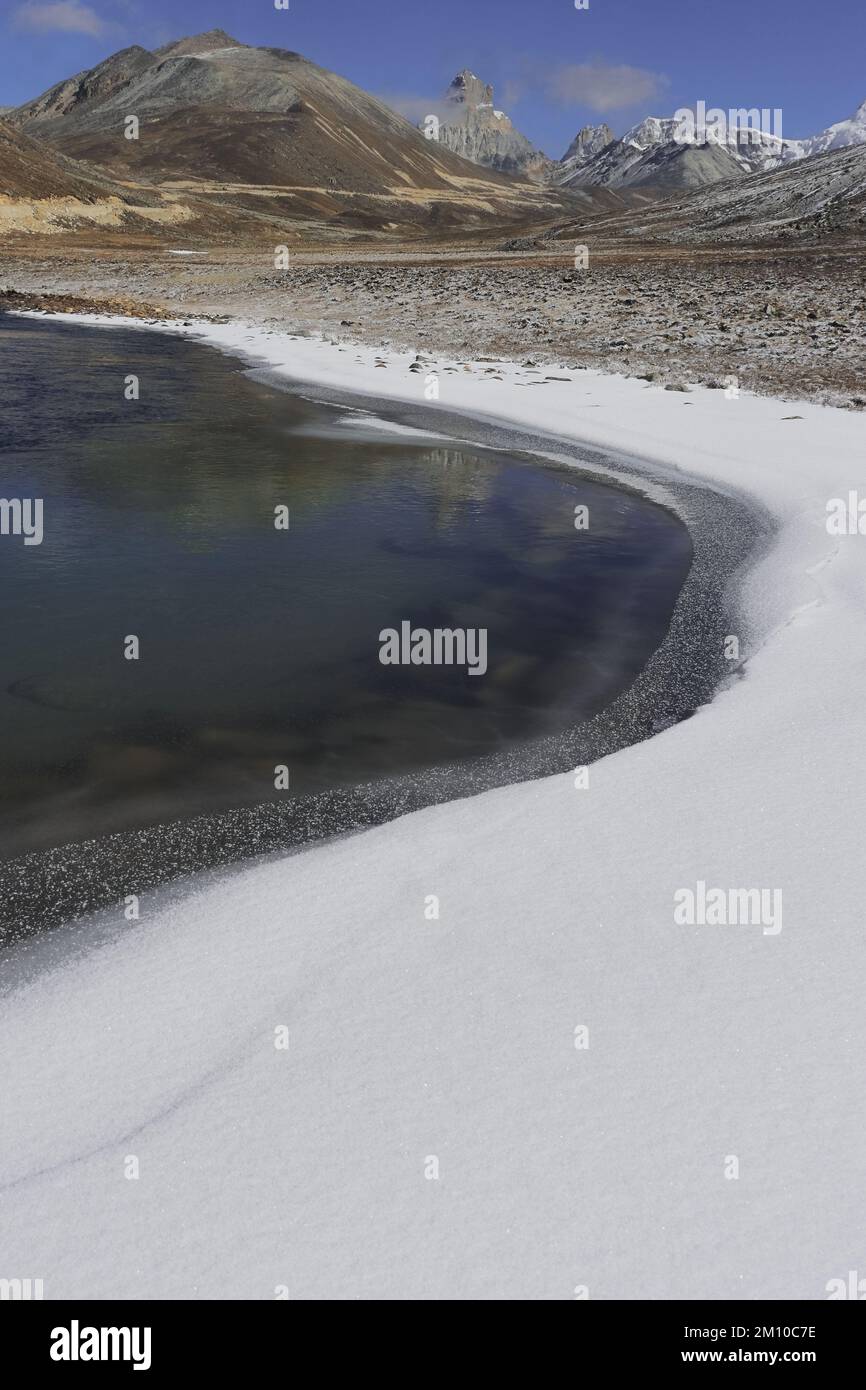 belle vallée de yumesodong ou point zéro. belle rivière de montagne qui coule à travers la vallée et entouré par l'himalaya dans le nord de sikkim, inde Banque D'Images