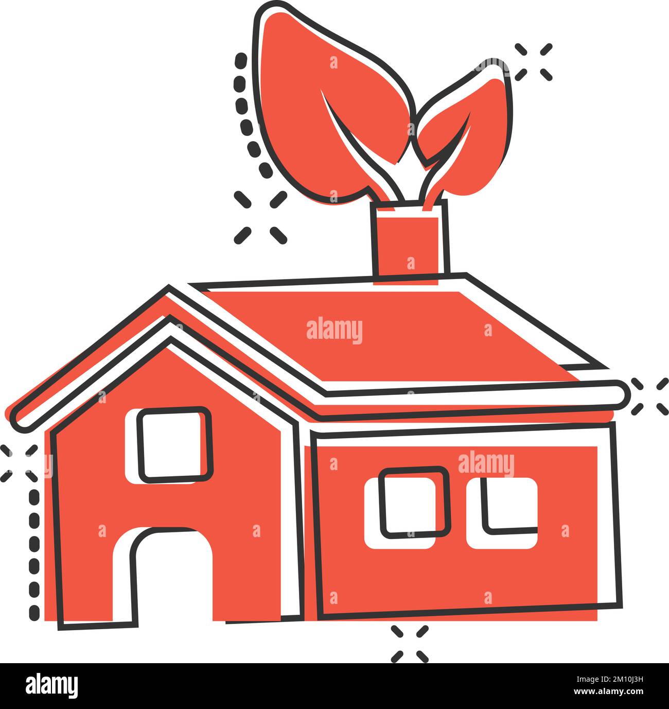 Icône de la maison écologique en style comique. Maison avec dessin animé feuille sur fond blanc isolé. Panneau effet éclaboussures pour bâtiment botanique busi Illustration de Vecteur