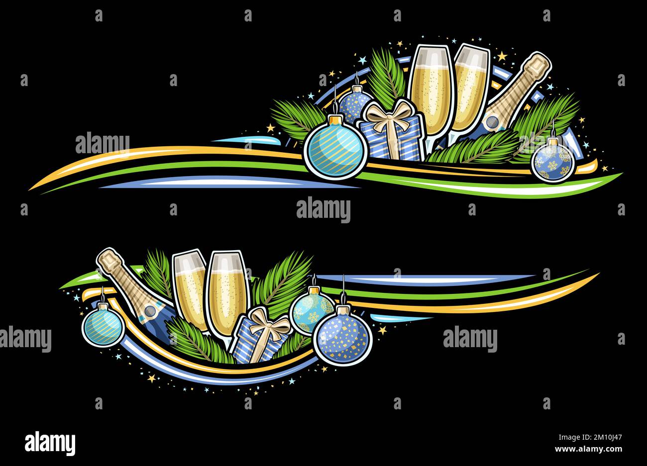 Bordure vectorielle pour le nouvel an avec espace vide pour le texte de félicitations, bannière avec illustration de branches de pin, deux flûtes à lunettes, carto bleu Illustration de Vecteur