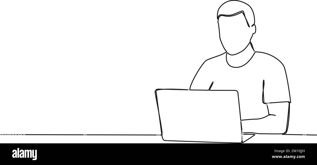 dessin continu d'une seule ligne de l'homme à l'aide d'un ordinateur portable, illustration vectorielle de dessin au trait Illustration de Vecteur