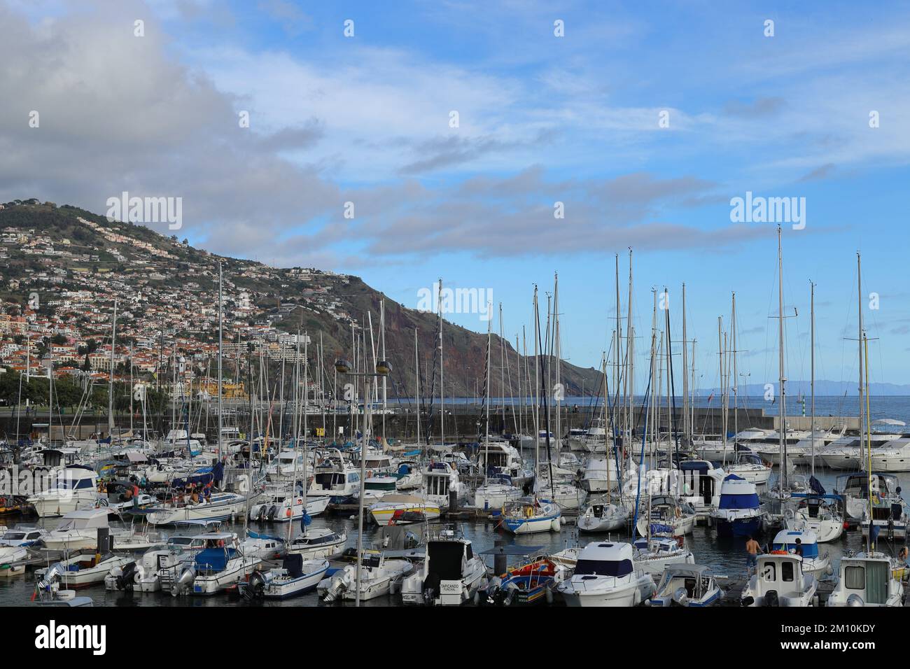 Funchal, Madère - Yachts amarrés dans le port de plaisance, avec la ville s'étendant sur les collines au loin Banque D'Images