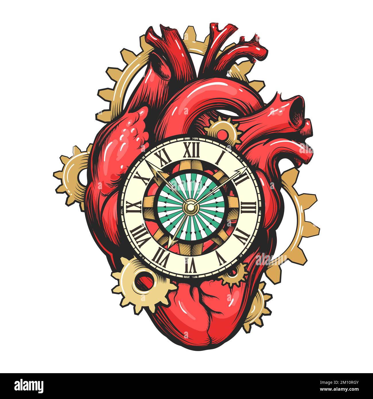 Tatouage de coeur mécanique avec cadran d'horloge et engrenages isolés sur blanc. Illustration vectorielle. Illustration de Vecteur