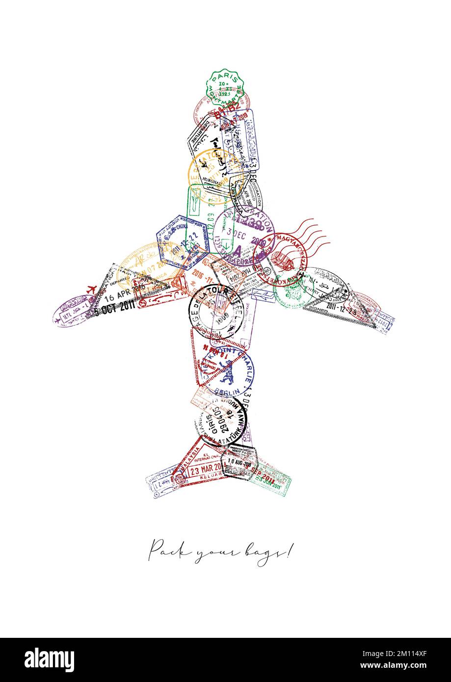 Avion fait à partir d'un passeport timbres différents pays avec lettering emballer vos sacs affiche Illustration de Vecteur