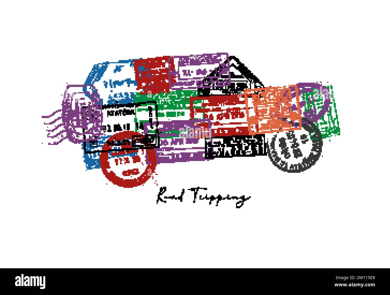 Voiture faite à partir d'un passeport timbres différents pays avec le lettering route trébuchant affiche Illustration de Vecteur