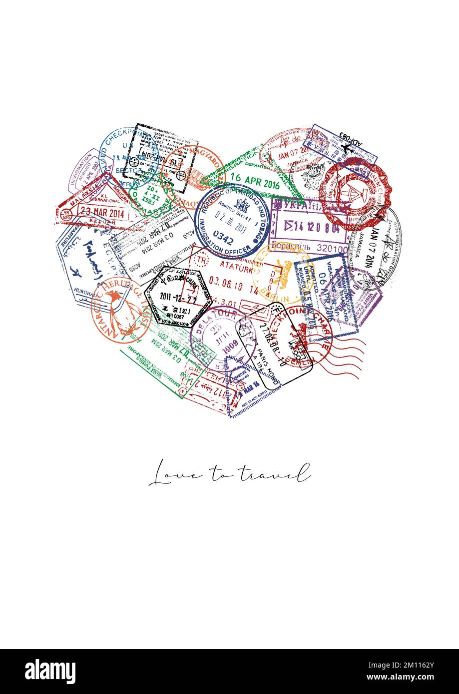 Coeur fait d'un passeport timbres différents pays avec l'amour lettrage à l'affiche de voyage Illustration de Vecteur