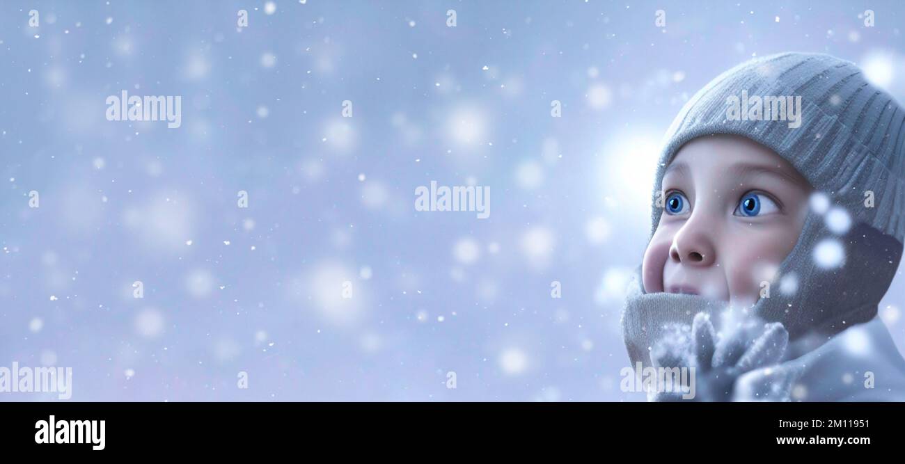 Un enfant avec de grands yeux bleus, une casquette tricotée et un col roulé est émerveillé. Il se tient dans l'épaisse chute de neige.avec l'espace de copie. Illustration de Vecteur