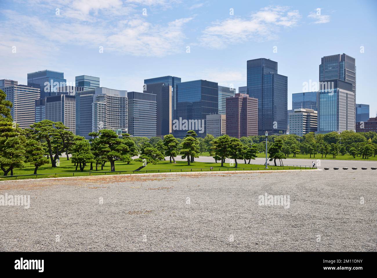 Vue sur les jardins du Palais impérial, les grands bâtiments autour de la gare de Tokyo en arrière-plan ; Tokyo, Japon Banque D'Images