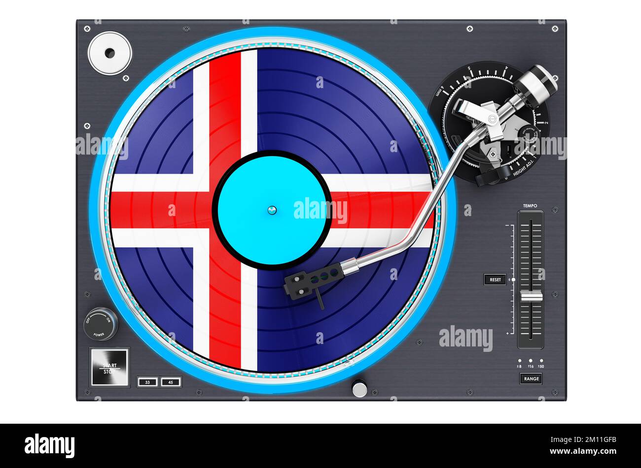 Phonographe plateau tournant avec drapeau islandais, 3D rendu isolé sur fond blanc Banque D'Images