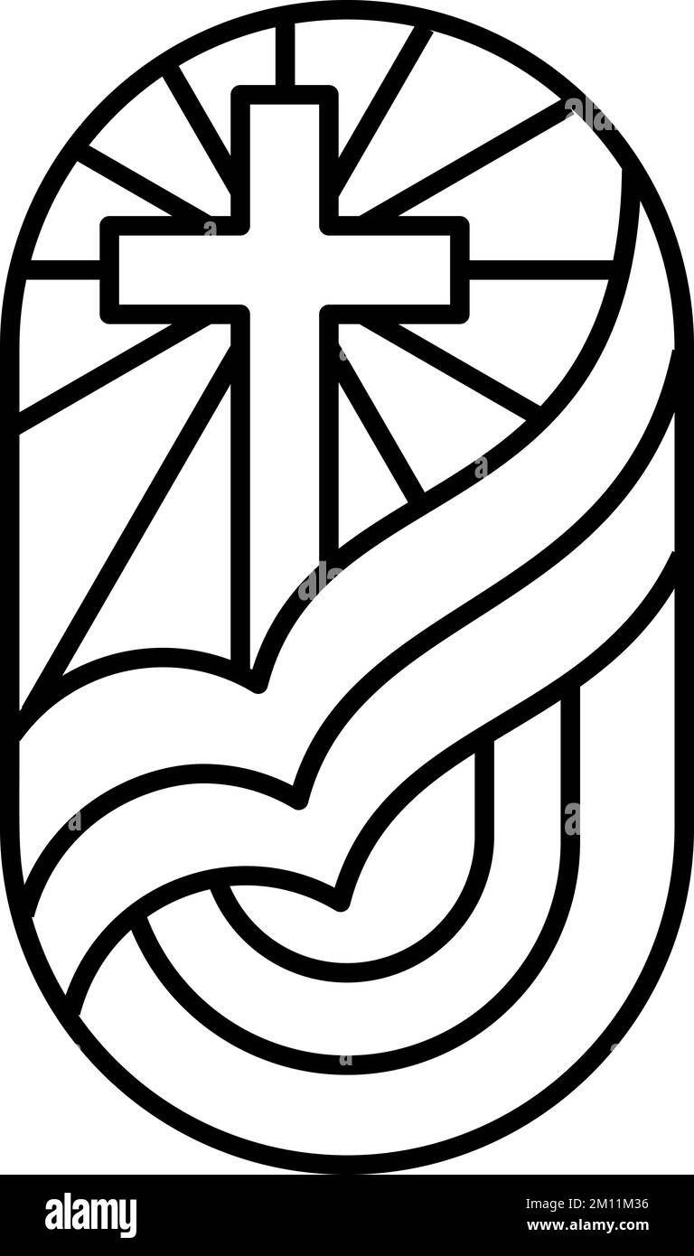 La ligne de religion croix et livre ouvert Bible dans l'église. Illustration de l'icône du logo vectoriel isolée. Jésus Christ sur le calvaire est le christianisme central. Dieu Illustration de Vecteur