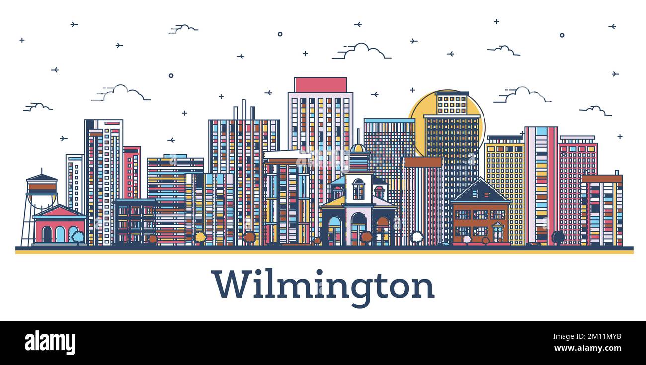 Outline Wilmington Delaware USA City Skyline avec des bâtiments historiques colorés isolés sur le blanc. Illustration vectorielle. Wilmington Illustration de Vecteur